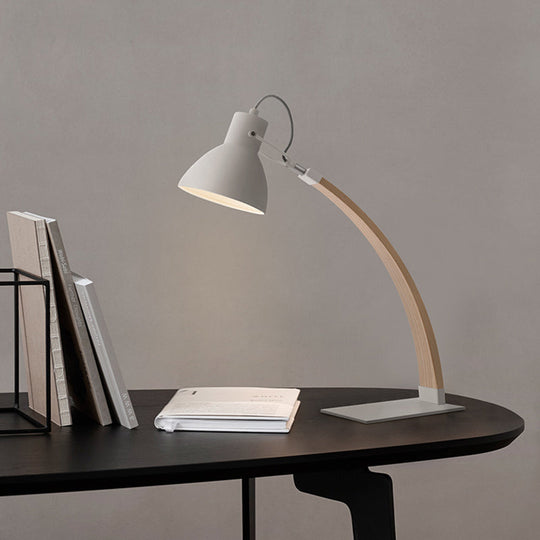 Modern Metal Domed Table Lamp With Wood Arm - Small Desk Light (White/Black)