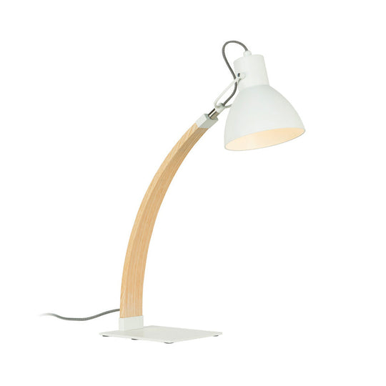 Modern Metal Domed Table Lamp With Wood Arm - Small Desk Light (White/Black)