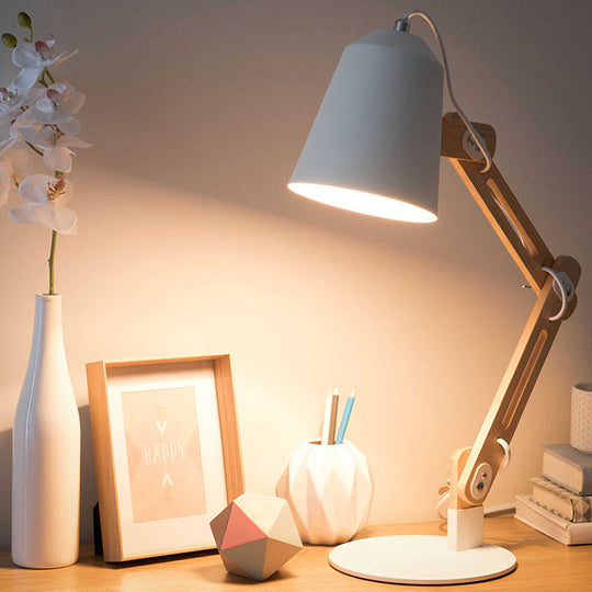 Modern Conical Metal Desk Lamp | Adjustable Wood Arm 1 Head White Table Light