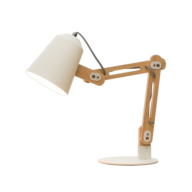 Modern Conical Metal Desk Lamp | Adjustable Wood Arm 1 Head White Table Light