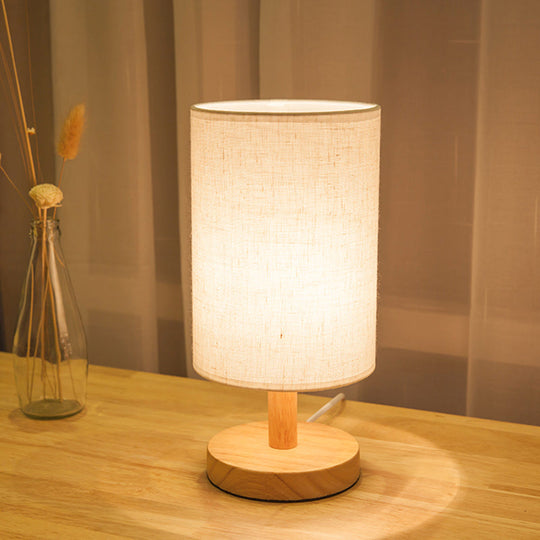 Japanese Cylinder Task Lamp: Fabric Reading Light - White/Flaxen Wood Base