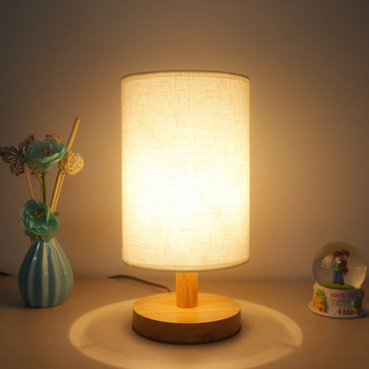 Japanese Cylinder Task Lamp: Fabric Reading Light - White/Flaxen Wood Base