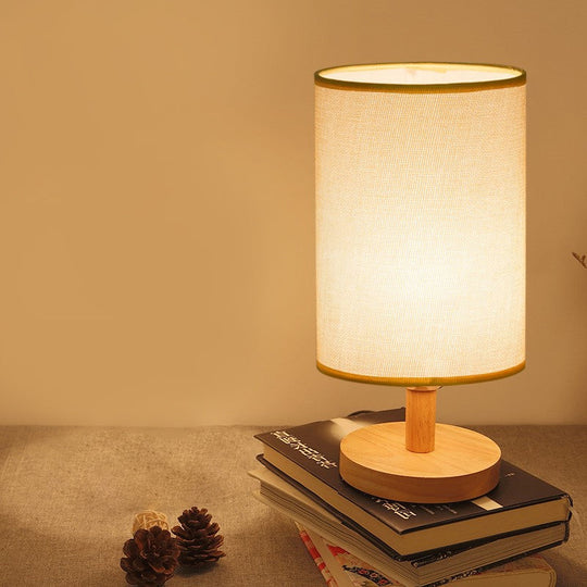 Japanese Cylinder Task Lamp: Fabric Reading Light - White/Flaxen Wood Base White