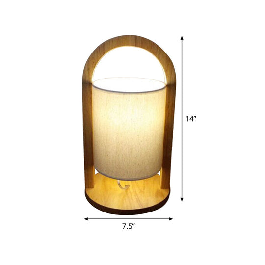 Modern White Cylindrical Nightstand Lamp With Wood Handle - Task Light Fabric Shade 1 Bulb