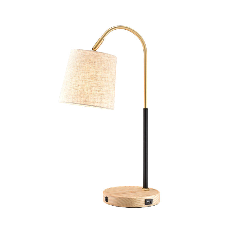 Modern Fabric Barrel Desk Lamp With Curvy Metal Arm - Red/Brown/Beige Night Table Light