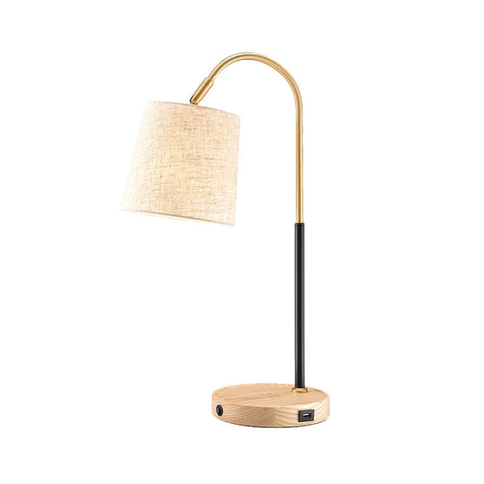 Modern Fabric Barrel Desk Lamp With Curvy Metal Arm - Red/Brown/Beige Night Table Light