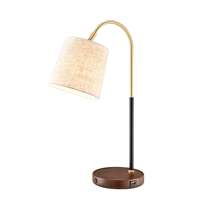 Modern Fabric Barrel Desk Lamp With Curvy Metal Arm - Red/Brown/Beige Night Table Light