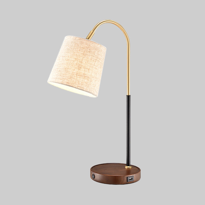 Modern Fabric Barrel Desk Lamp With Curvy Metal Arm - Red/Brown/Beige Night Table Light