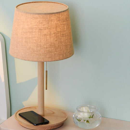 Modern Flaxen Fabric Task Light Nightstand Lamp With Flared Shade And Pull Chain