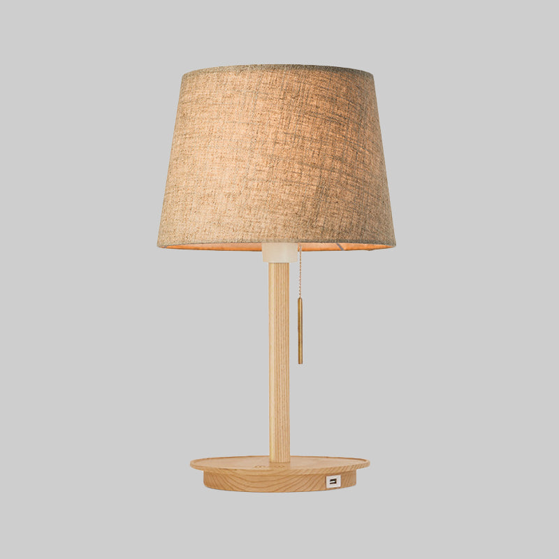 Modern Flaxen Fabric Task Light Nightstand Lamp With Flared Shade And Pull Chain