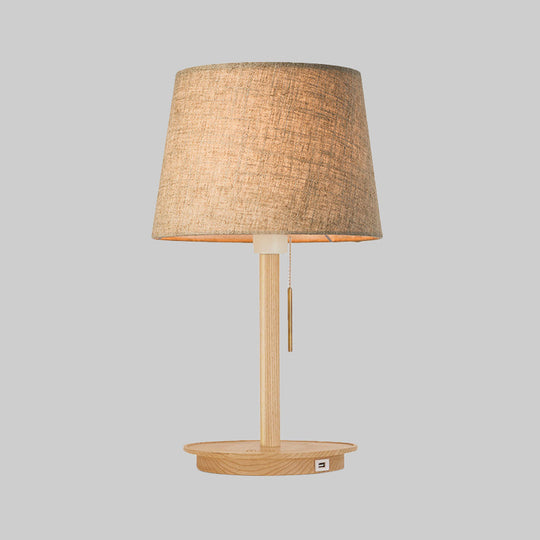 Modern Flaxen Fabric Task Light Nightstand Lamp With Flared Shade And Pull Chain