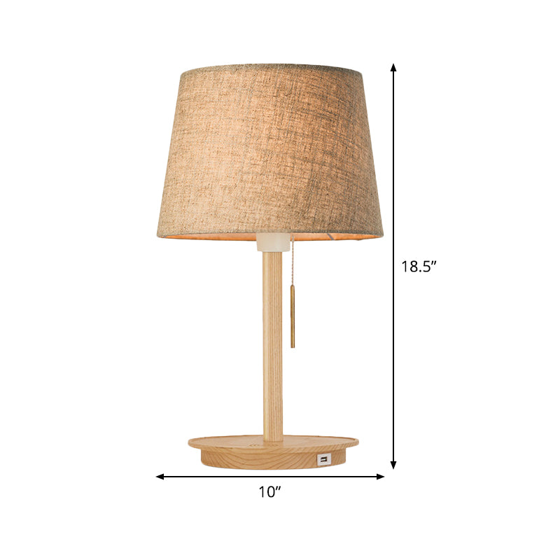 Modern Flaxen Fabric Task Light Nightstand Lamp With Flared Shade And Pull Chain