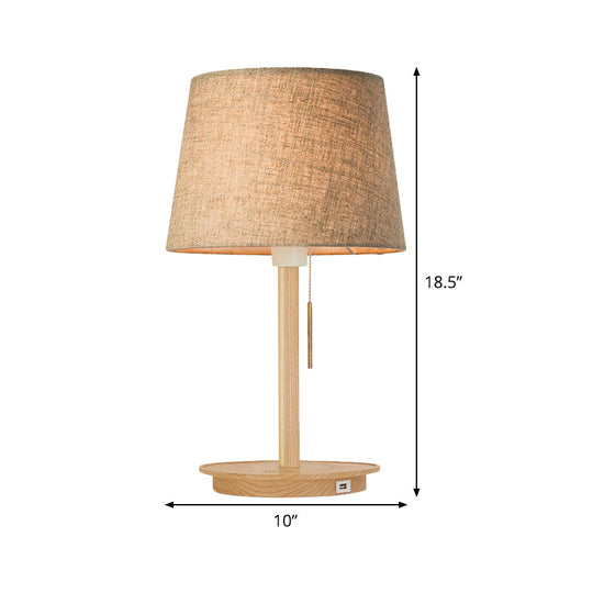 Modern Flaxen Fabric Task Light Nightstand Lamp With Flared Shade And Pull Chain