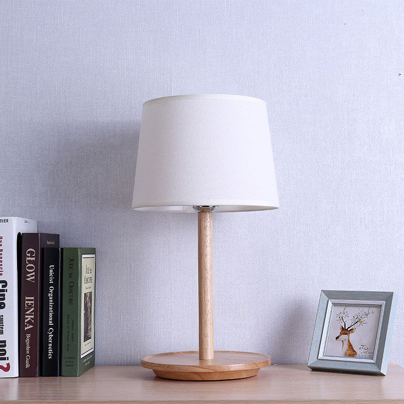 Modernist Barrel Task Lamp: 1-Bulb White Table Light With Beige Wood Base