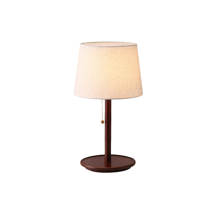 Conical Table Light: Modern Fabric Desk Lamp In Red Brown/Wood With Pull Chain