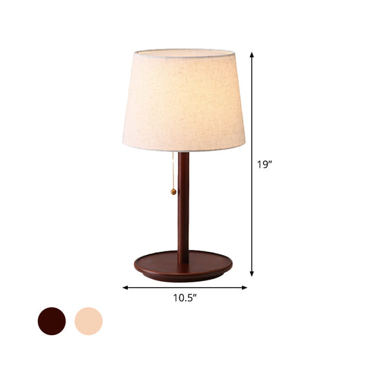 Conical Table Light: Modern Fabric Desk Lamp In Red Brown/Wood With Pull Chain