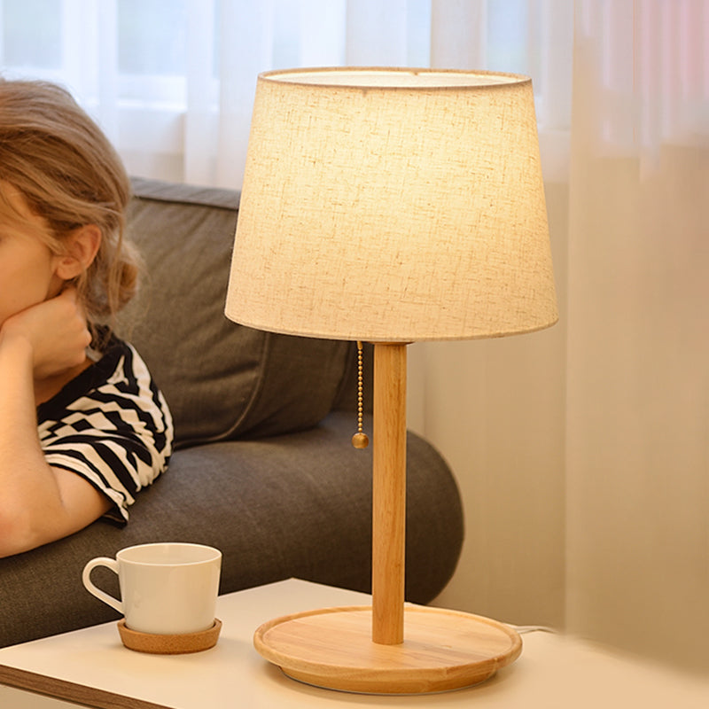 Conical Table Light: Modern Fabric Desk Lamp In Red Brown/Wood With Pull Chain