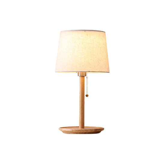 Conical Table Light: Modern Fabric Desk Lamp In Red Brown/Wood With Pull Chain