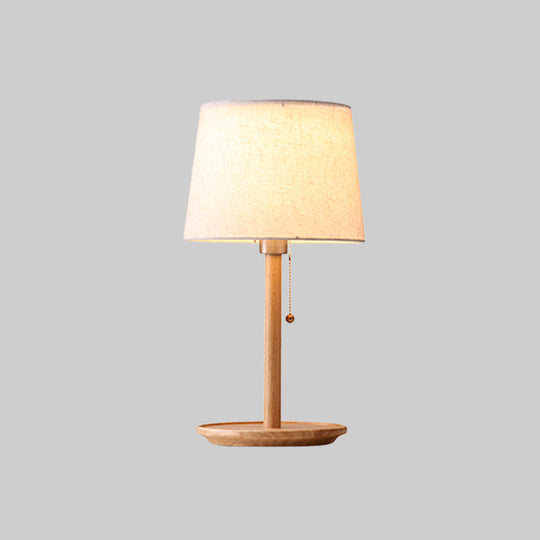 Conical Table Light: Modern Fabric Desk Lamp In Red Brown/Wood With Pull Chain