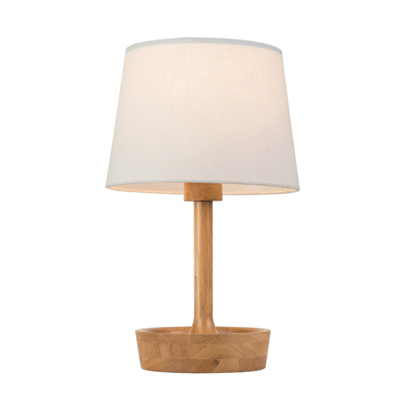 Modern Cone Shade Fabric Task Lamp - Flaxen/White Reading Light With Round Beige Wood Base