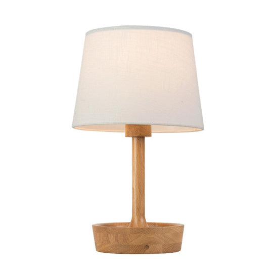 Modern Cone Shade Fabric Task Lamp - Flaxen/White Reading Light With Round Beige Wood Base