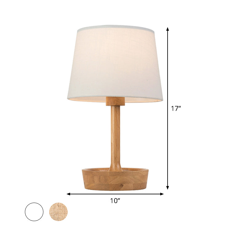 Modern Cone Shade Fabric Task Lamp - Flaxen/White Reading Light With Round Beige Wood Base