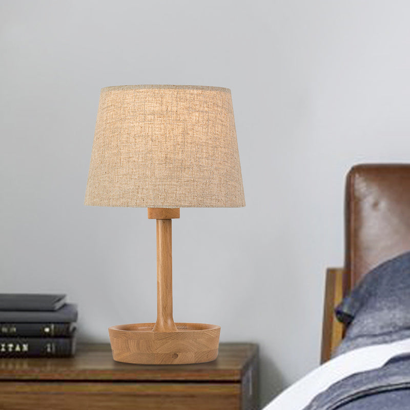 Modern Cone Shade Fabric Task Lamp - Flaxen/White Reading Light With Round Beige Wood Base