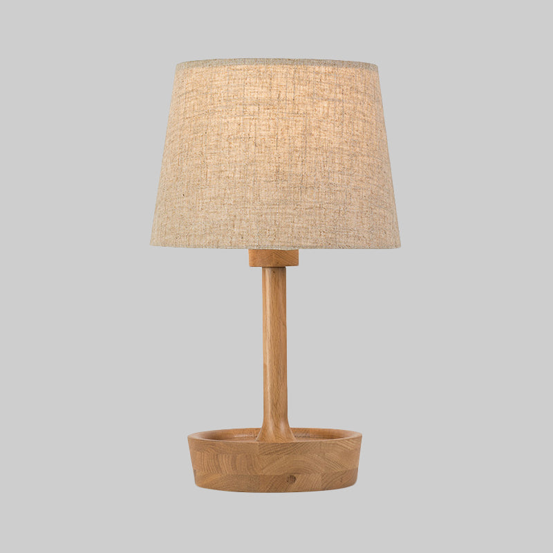 Modern Cone Shade Fabric Task Lamp - Flaxen/White Reading Light With Round Beige Wood Base