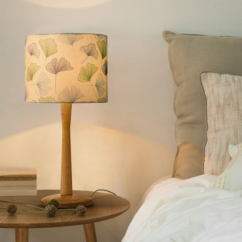 Modern Wood Barrel Study Lamp - 1-Head Fabric Task Lighting With Butterfly/Flower Pattern