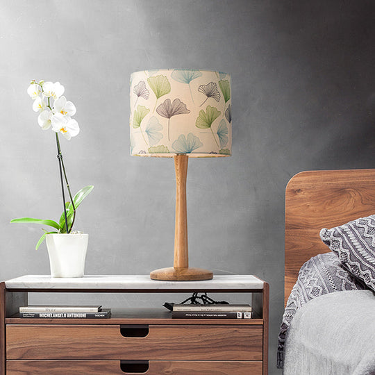 Modern Wood Barrel Study Lamp - 1-Head Fabric Task Lighting With Butterfly/Flower Pattern