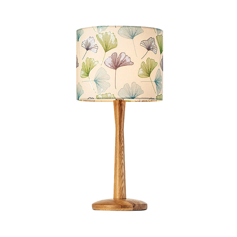 Modern Wood Barrel Study Lamp - 1-Head Fabric Task Lighting With Butterfly/Flower Pattern