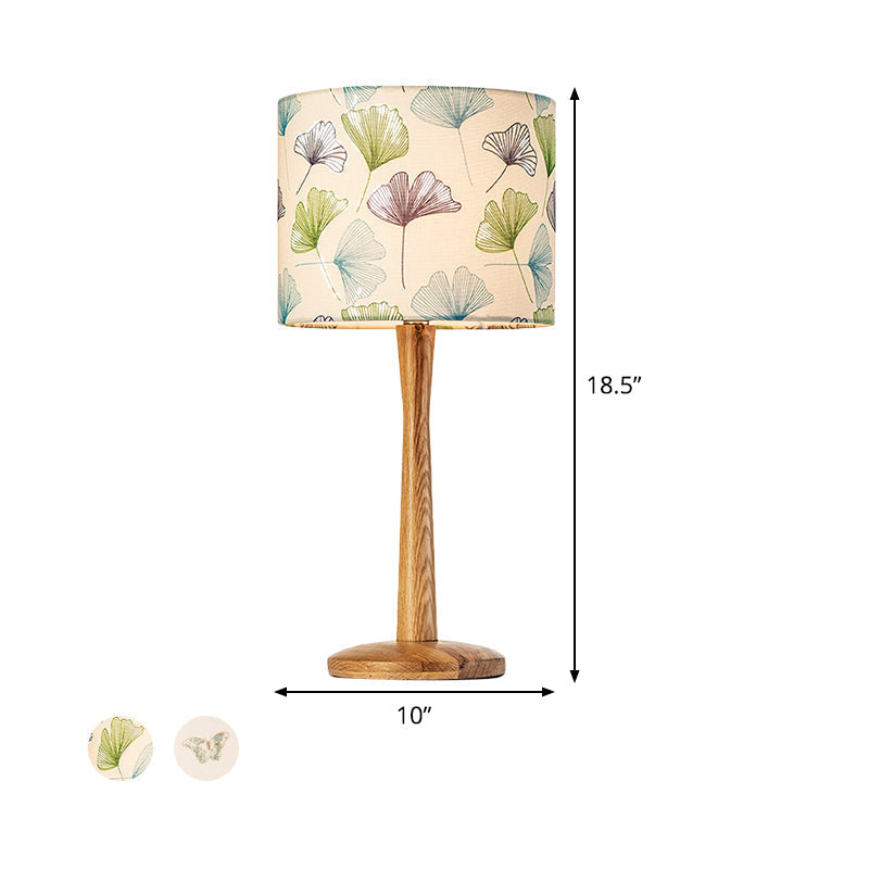 Modern Wood Barrel Study Lamp - 1-Head Fabric Task Lighting With Butterfly/Flower Pattern