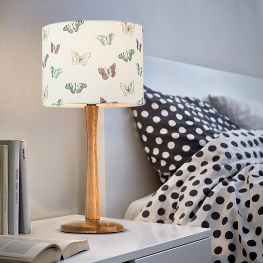 Modern Wood Barrel Study Lamp - 1-Head Fabric Task Lighting With Butterfly/Flower Pattern /