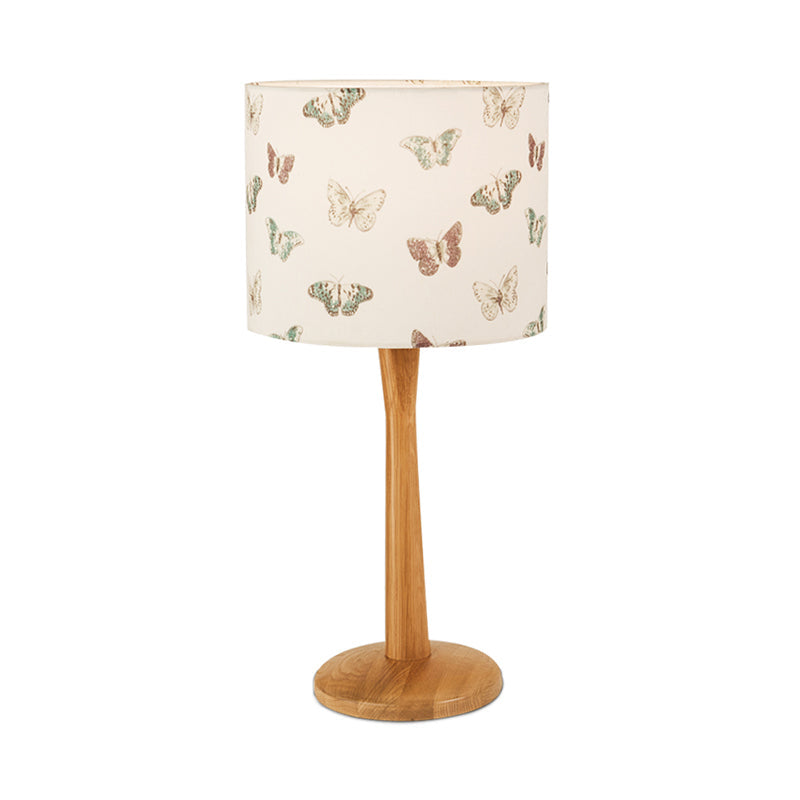 Modern Wood Barrel Study Lamp - 1-Head Fabric Task Lighting With Butterfly/Flower Pattern