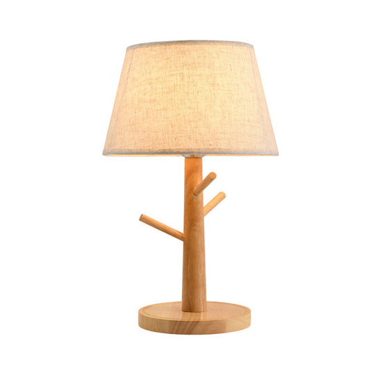 Contemporary Wood Tapered Drum Nightstand Lamp With Reading Light - Fabric Shade