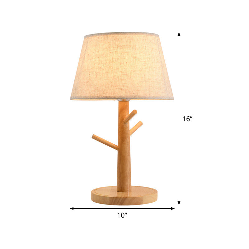 Contemporary Wood Tapered Drum Nightstand Lamp With Reading Light - Fabric Shade