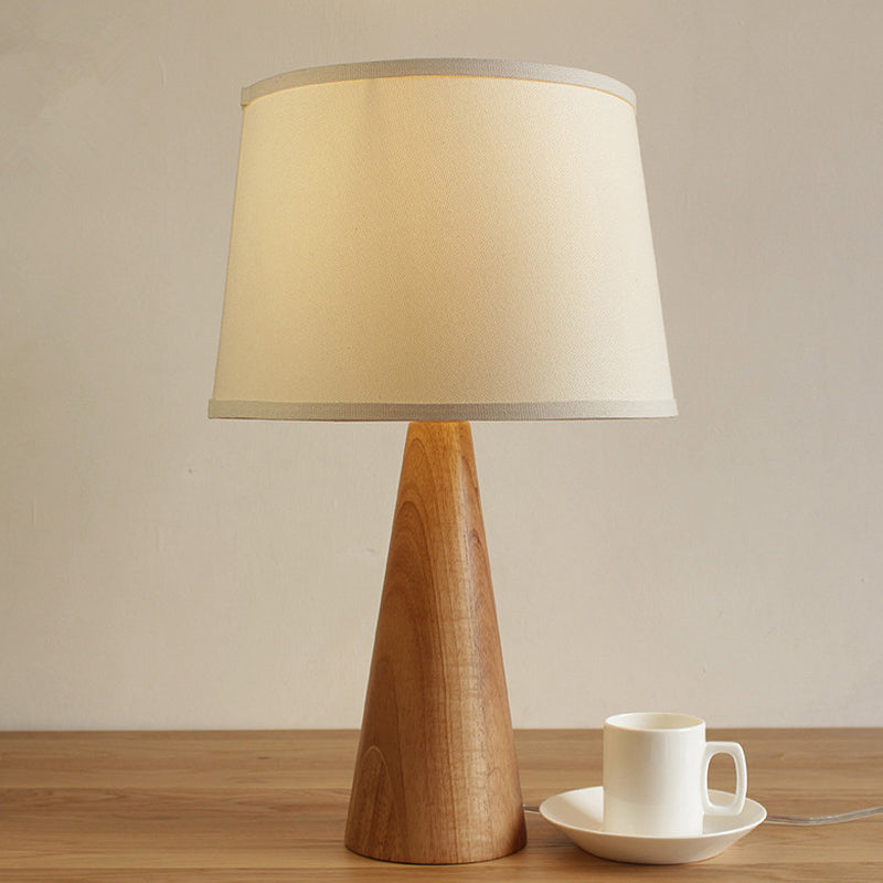 Modern White Nightstand Lamp With Shaded Fabric Table Light And Conical Brown Wood Base