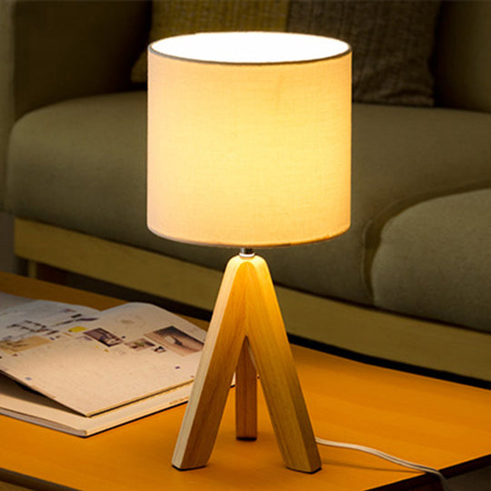 Modern Table Lamp: White Fabric Cylinder Light With Wood Tripod Base