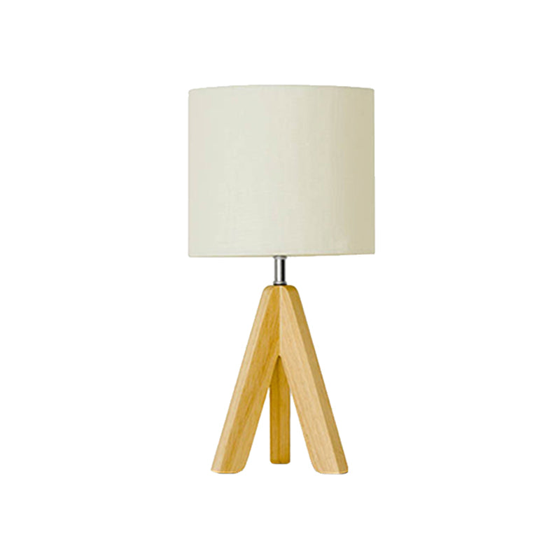 Modern Table Lamp: White Fabric Cylinder Light With Wood Tripod Base