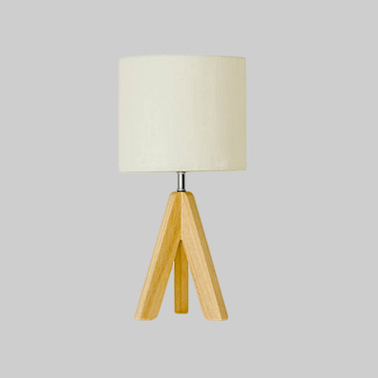 Modern Table Lamp: White Fabric Cylinder Light With Wood Tripod Base