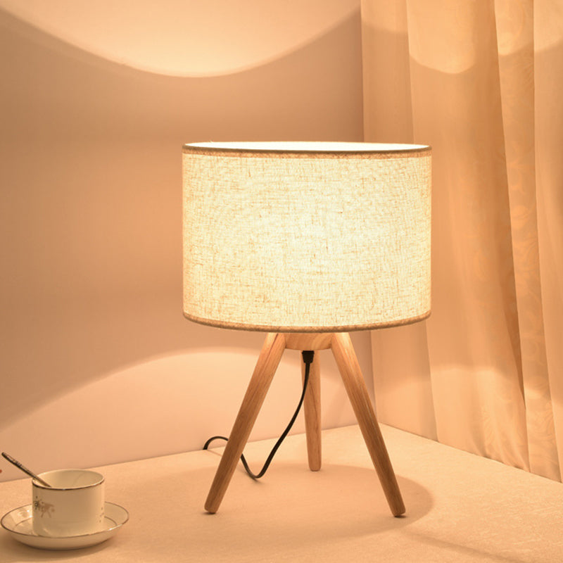 Modern Wood Table Lamp: Bedside Task Lighting With Cylinder Fabric Shade