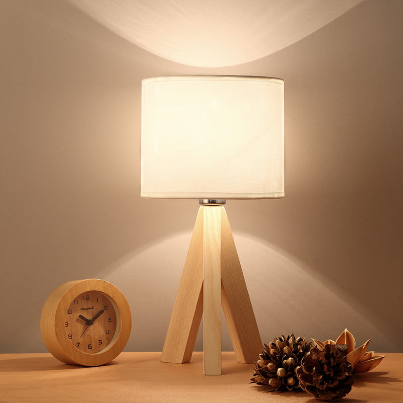 Modernistic Cylindrical Task Lamp - Fabric Shade White Reading Light With Wood Tripod 1 Bulb