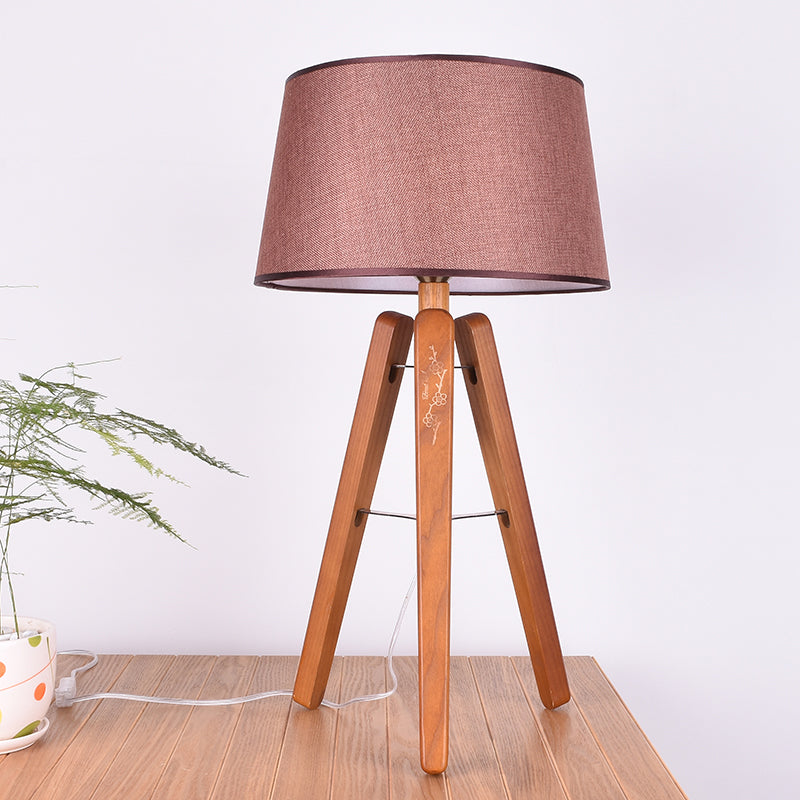 Modernist Fabric Tapered Desk Lamp With Wood Tripod - 1 Bulb Night Table Light In Brown/Beige