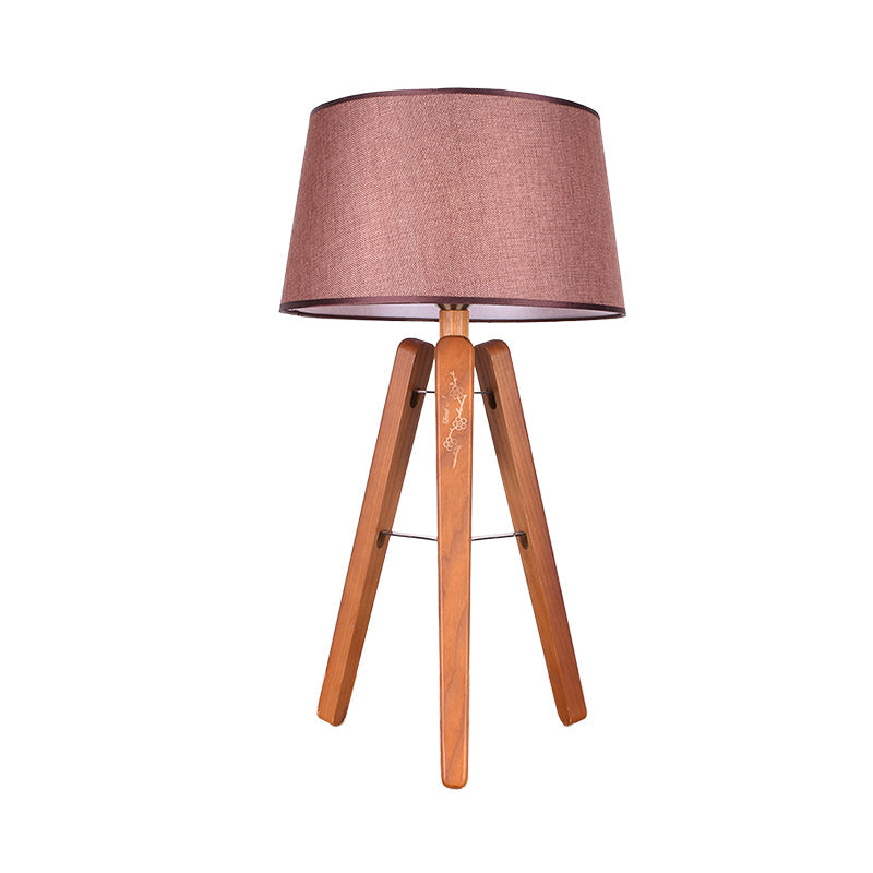 Modernist Fabric Tapered Desk Lamp With Wood Tripod - 1 Bulb Night Table Light In Brown/Beige