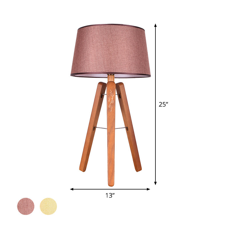 Modernist Fabric Tapered Desk Lamp With Wood Tripod - 1 Bulb Night Table Light In Brown/Beige