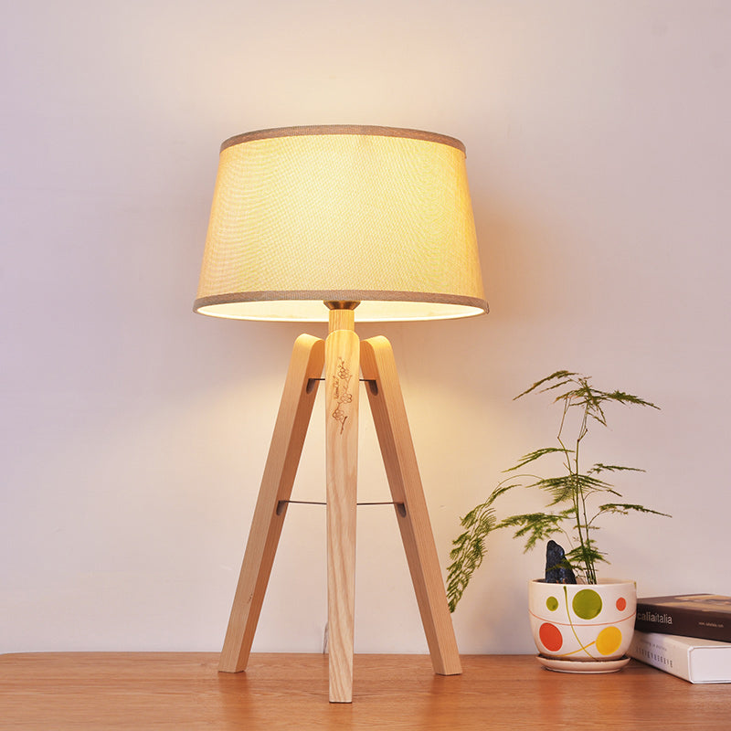 Modernist Fabric Tapered Desk Lamp With Wood Tripod - 1 Bulb Night Table Light In Brown/Beige