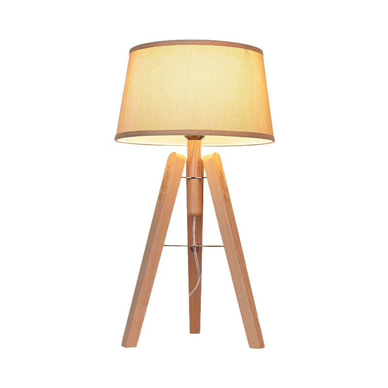 Modernist Fabric Tapered Desk Lamp With Wood Tripod - 1 Bulb Night Table Light In Brown/Beige