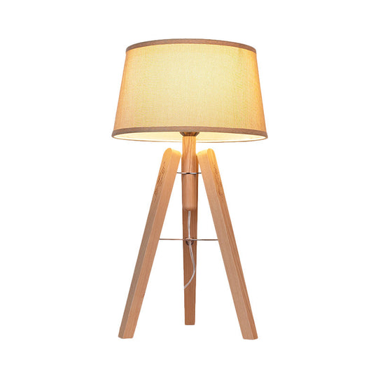 Modernist Fabric Tapered Desk Lamp With Wood Tripod - 1 Bulb Night Table Light In Brown/Beige