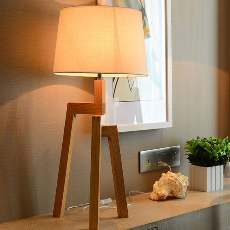 Modern White Fabric Desk Lamp With Wood Tripod Base