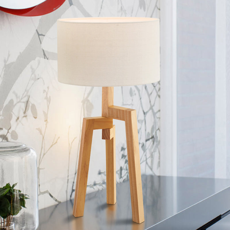 Modern White Table Lamp With Drum Fabric Shade - Sleek Bedside Task Lighting